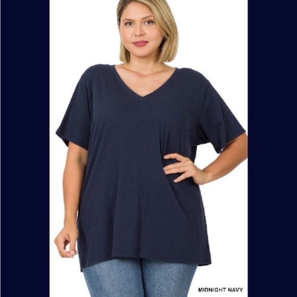 NEW! ZENANA Oversize Boyfriend Pocket Tee NAVY BLUE Short Sleeve V-Neck 1X 2X 3X - Picture 1 of 2